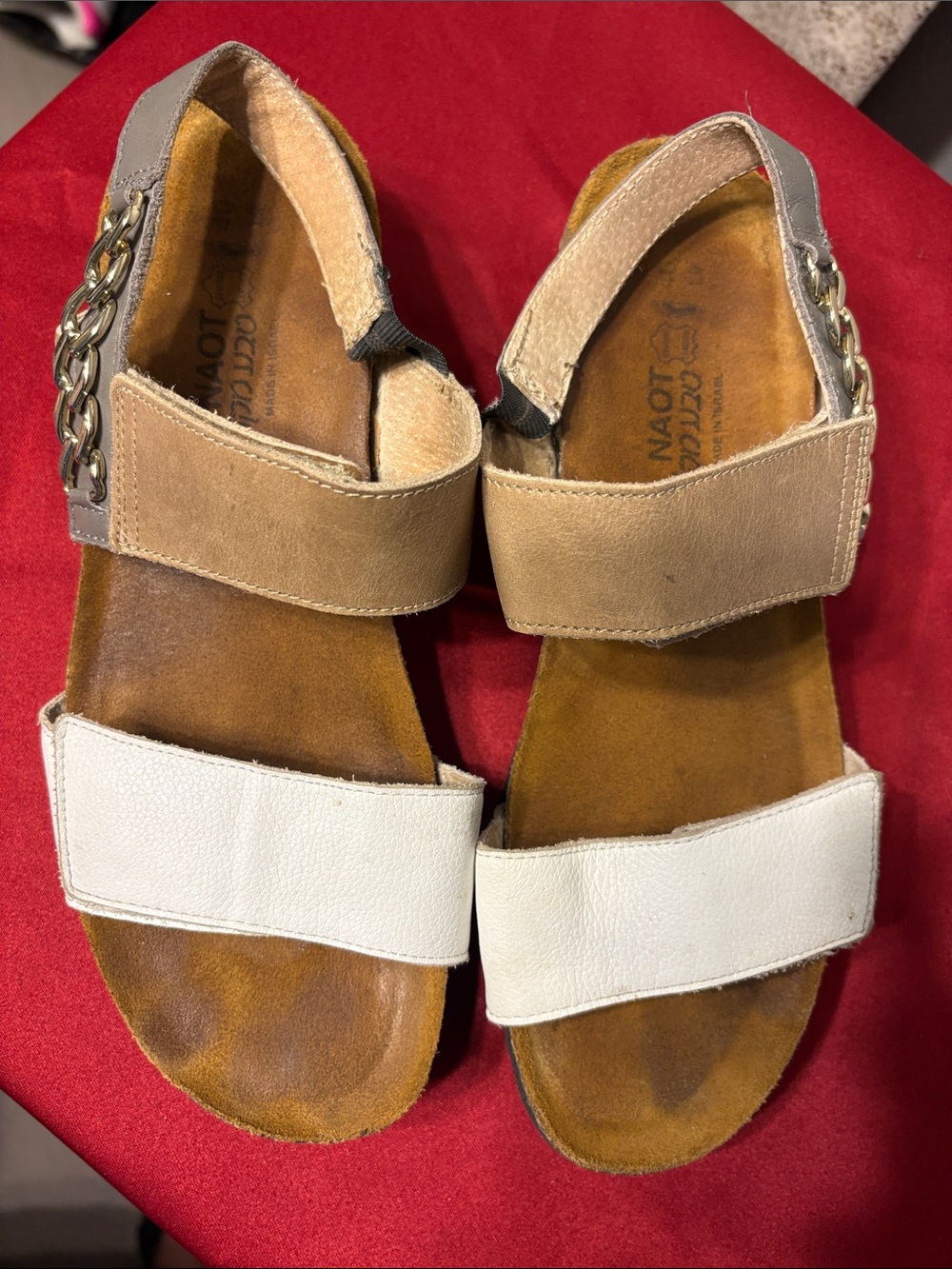 Naot Women's Two-Band Leather Sandals in White and Tan with Chain Accent